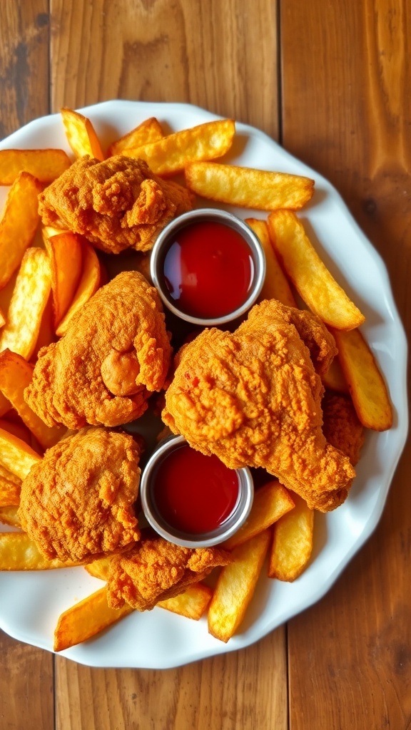 Crispy fried chicken with golden chips on a plate, served with ketchup on a rustic table.